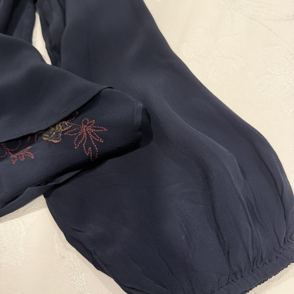 J Jill Size-M Blouse Embroidered Floral Navy Long Sleeve Boho Peasant - Picture 9 of 14